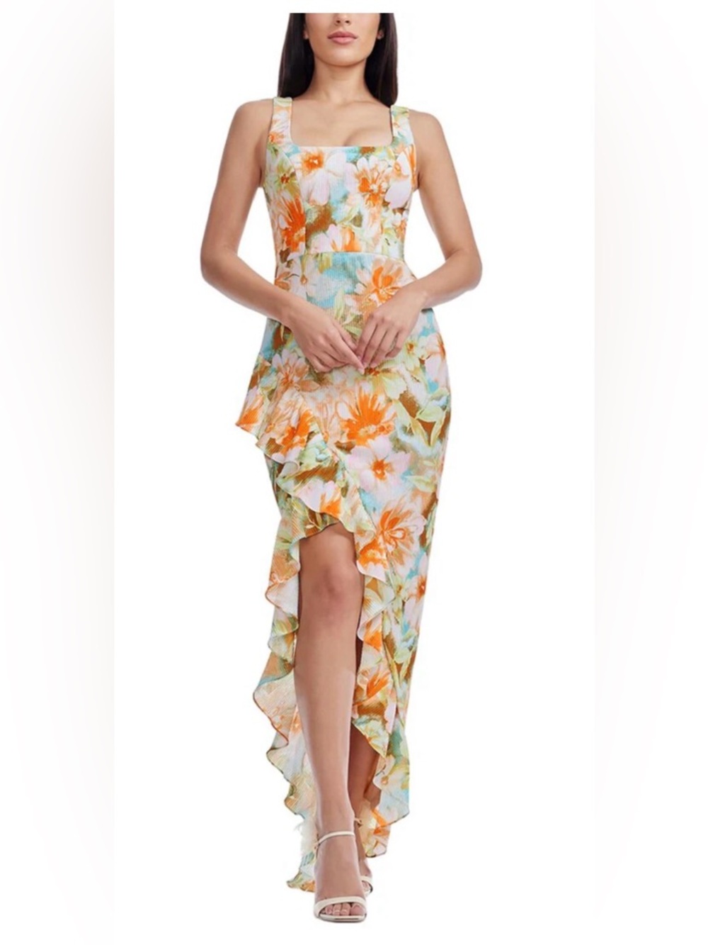 Floral Ruffle Formal Dress. Pink/Peach Floral Print